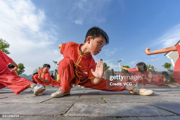 Children from a Shaolin martial art institute practise kung fu at a village in Suichuan County on August 13, 2017 in Ji'an, Jiangxi Province of China.