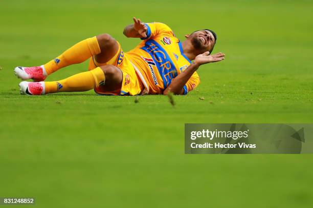 Javier Aquino of Tigres reacts during the 4th round match between Pachuca and Tigres UANL as part of the Torneo Apertura 2017 Liga MX at Hidalgo...