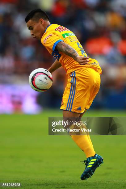 Lucas Zelarayan of Tigres drives the ball during the 4th round match between Pachuca and Tigres UANL as part of the Torneo Apertura 2017 Liga MX at...