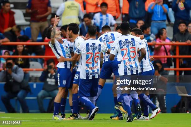 Angelo Sagal of Pachuca celebrates after scoring the first goal of his team during the 4th round match between Pachuca and Tigres UANL as part of the...