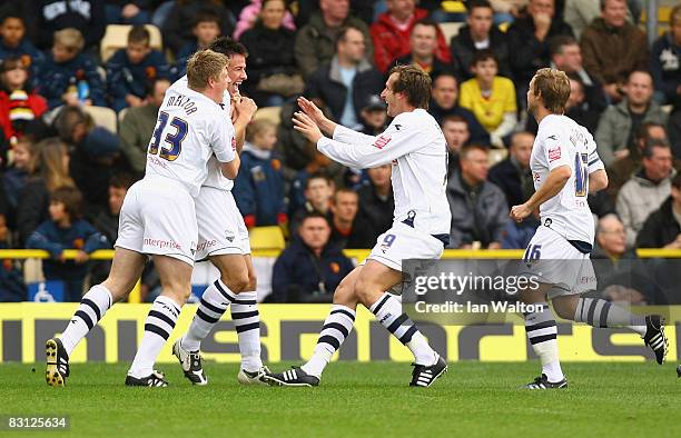 Sean Ledger of Preston celebrates after scoring the first goal during the Coca-Cola Championship match between Watford and Preston North End at...