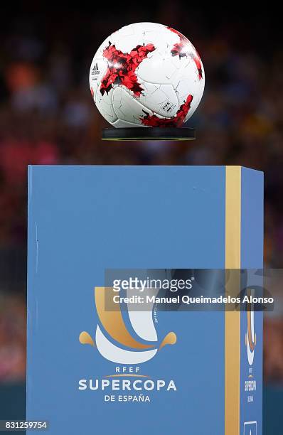 Detailed view of the official match ball on the plinth ahead the Supercopa de Espana Supercopa Final 1st Leg match between FC Barcelona and Real...
