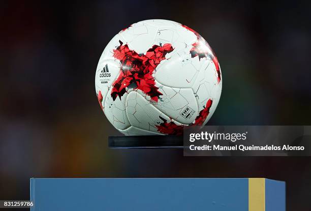 Detailed view of the official match ball on the plinth ahead the Supercopa de Espana Supercopa Final 1st Leg match between FC Barcelona and Real...