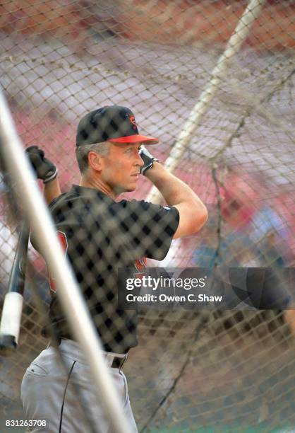 Cal Ripken Jr. Of the Baltimore Orioles takes BP against the California Angels at the Big A circa 1995 in Anaheim, California.