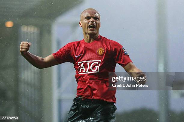 Wes Brown of Manchester United celebrates scoring their first goal during the FA Premier League match between Blackburn Rovers and Manchester United...