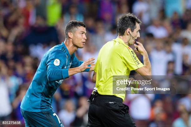 Cristiano Ronaldo of Real Madrid gets a red card from Fifa Referee Ricardo de Burgos Bergoetxea during the Supercopa de Espana Final 1st Leg match...