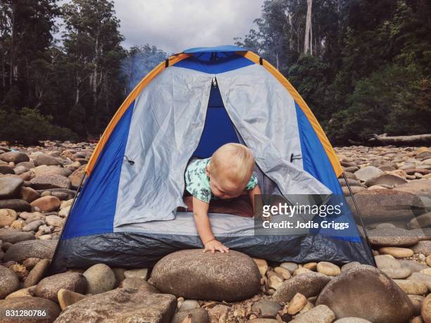 young child climbing out of a small tent in the wilderness - escapism stock pictures, royalty-free photos & images