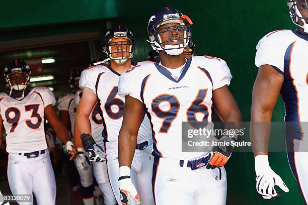 Tim Crowder of the Denver Broncos walks down the tunnel before the game against the Kansas City Chiefs on September 28, 2008 at Arrowhead Stadium in...