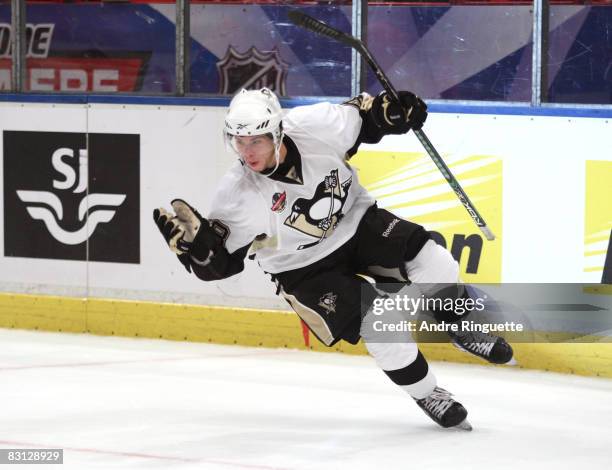 Tyler Kennedy of the Pittsburgh Penguins celebrates his overtime winning goal against the Ottawa Senators at the NHL Premiere Stockholm game at the...