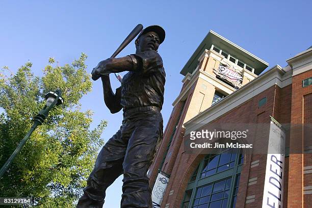 Statue of Hall of Famer Hank Arron is seen outside of Miller Park prior to the Milwaukee Brewers playing against the Philadelphia Phillies in Game...