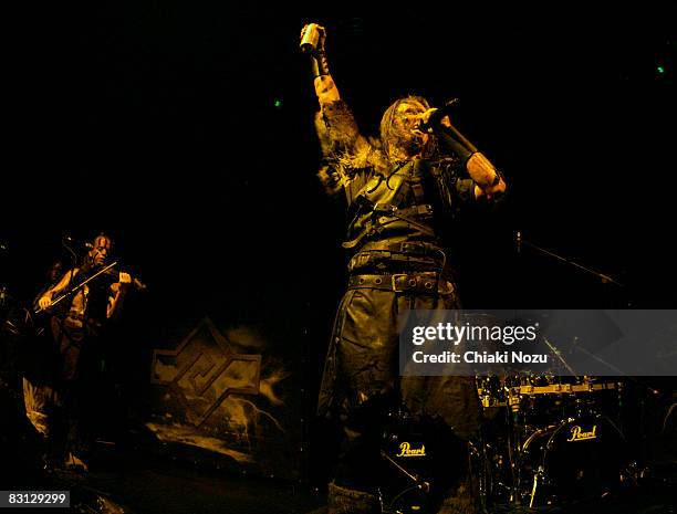 Olli Vanska and Mathias 'Warlord' Nygard of Turisas perform at Astoria on October 4, 2008 in London, England.