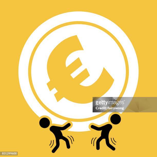businessmen carrying a giant euro coin - businesswoman under stock illustrations