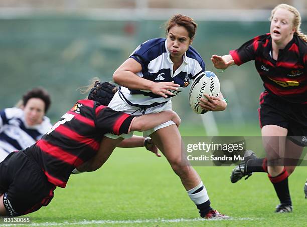 Huriana Manuel of Auckland off loads the ball during the Women`s NPC Rugby Final match between Auckland and Canterbury at Eden Park on October 5,...