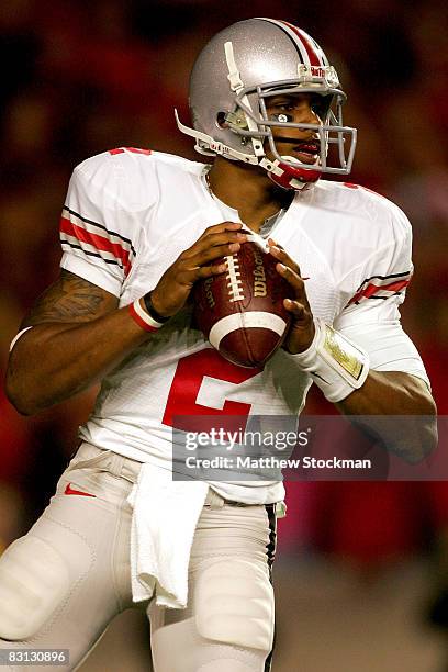 Quarterback Terrelle Pryor of the Ohio State Buckeyes throws against the Wisconsin Badgers at Camp Randall Stadium October 4, 2008 in Madison,...