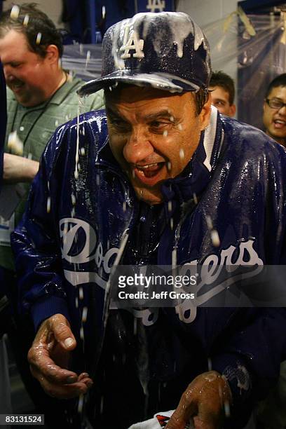 Manager Joe Torre of the Los Angeles Dodgers celebrates after defeating the Chicago Cubs in Game Three of the NLDS during the 2008 MLB playoffs on...