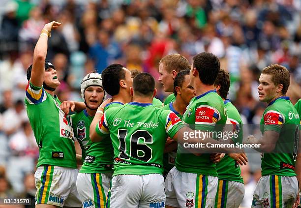 The Raiders celebrate after scoring a try during the Under 20's Toyota Cup Final match between the Canberra Raiders and the Brisbane Broncos at ANZ...