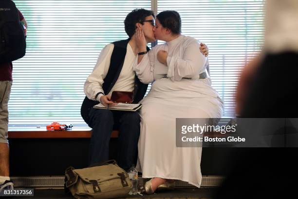Lafayette Bannister, as Han Solo, kisses Shawna Eastman, as Princess Leia, during Boston Comic Con at the at the Boston Convention & Exhibition...