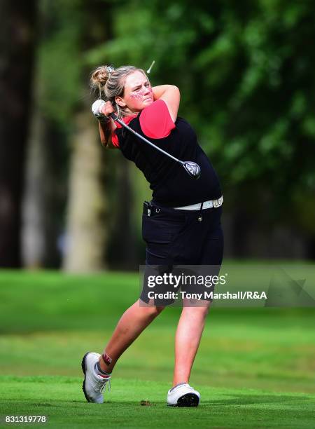 Lea-Anne Bramwell of Wales plays her first shot on the 14th tee during The Ladies' and Girls' Home Internationals at Little Aston Golf Club on August...
