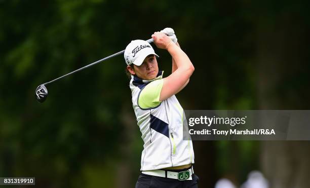 Maria Dunne of Ireland plays her first shot on the 14th tee during The Ladies' and Girls' Home Internationals at Little Aston Golf Club on August 11,...