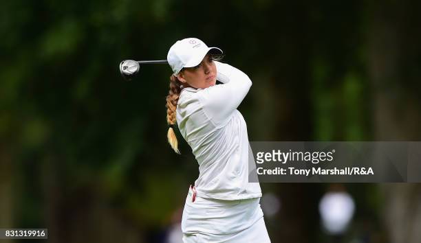 Gemma Clews of England plays her first shot on the 14th tee during The Ladies' and Girls' Home Internationals at Little Aston Golf Club on August 11,...