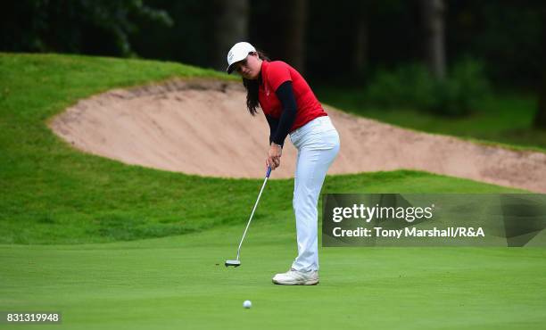 Emma Allen of England putts on the 13th green during The Ladies' and Girls' Home Internationals at Little Aston Golf Club on August 11, 2017 in...