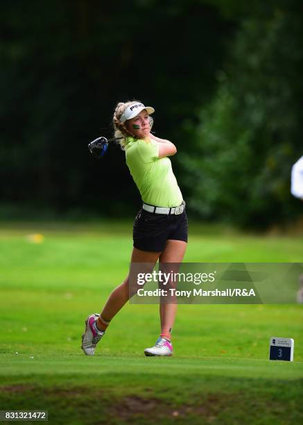 Sara Byrne of Ireland plays her first shot on the 3rd tee during The Ladies' and Girls' Home Internationals at Little Aston Golf Club on August 11,...