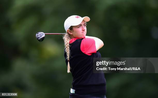 Jordan Ryan of Wales plays her first shot on the 4th tee during The Ladies' and Girls' Home Internationals at Little Aston Golf Club on August 11,...