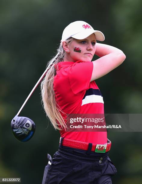 Megan Lockett of Wales plays her first shot on the 4th tee during The Ladies' and Girls' Home Internationals at Little Aston Golf Club on August 11,...