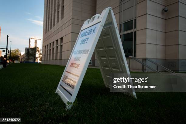 Sign for spectators is displayed during the civil case for Taylor Swift vs David Mueller at the Alfred A. Arraj Courthouse on August 14, 2017 in...