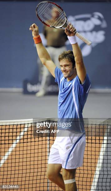 Russian Teimuraz Gabashvili celebrates after winning the final match of the Ethias Trophy 2008, Challenger Series ATP, against French Edouard...