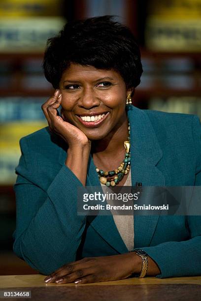 Gwen Ifill of PBS watches a clip of "Saturday Night Live" during a live taping of "Meet the Press" from NBC October 5, 2008 in Washington, DC....
