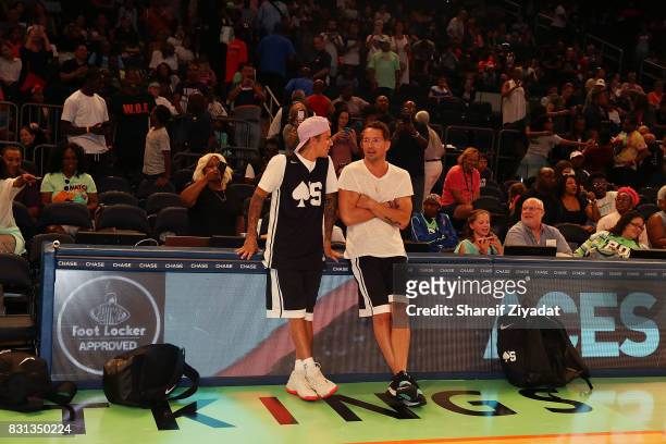 Justin Bieber and Carl Lentz attend 2017 Aces Charity Celebrity Basketball Game at Madison Square Garden on August 13, 2017 in New York City.