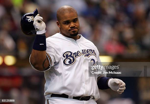 Prince Fielder of the Milwaukee Brewers reacts after popping out to end the fourth inning against the Philadelphia Phillies in game four of the NLDS...