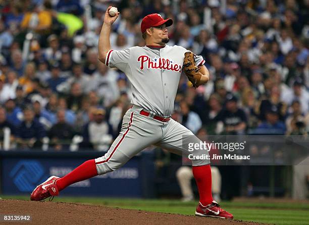 Joe Blanton of the Philadelphia Phillies throws a pitch against the Milwaukee Brewers in game four of the NLDS during the 2008 MLB playoffs at Miller...