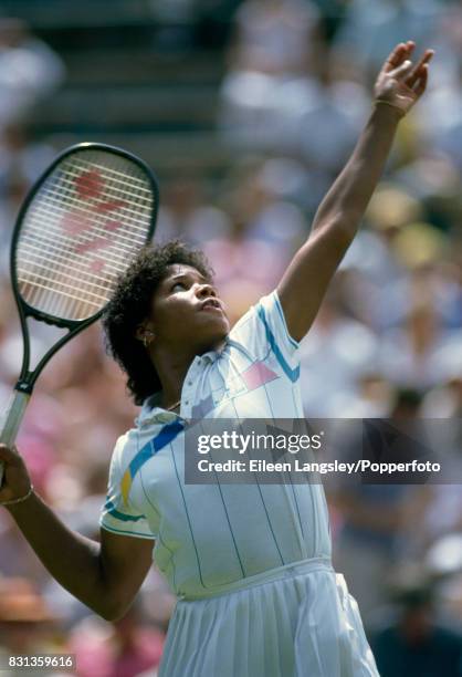 Lori McNeil of the USA in action during a women's singles match at the Wimbledon Lawn Tennis Championships in London, circa July 1986. McNeil was...