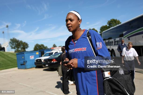 Kara Braxton of the Detroit Shock arrives to the arena for Game Three of the WNBA Finals on October 5, 2008 at the Eastern Michigan University...