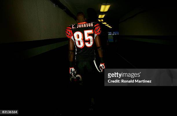 Wide receiver Chad Johnson of the Cincinnati Bengals walks to the field before a game against the Dallas Cowboys at Texas Stadium on October 5, 2008...