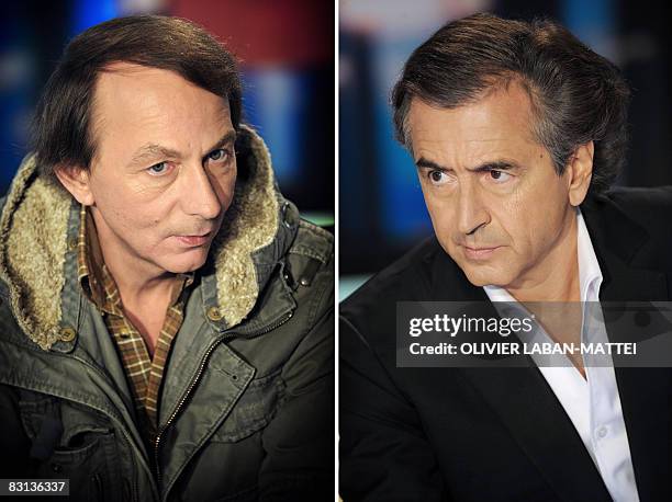 Combo made on October 5 shows French best-selling authors Michel Houellebecq and Bernard Henri-Levy, during an interview on the France 2 state TV...