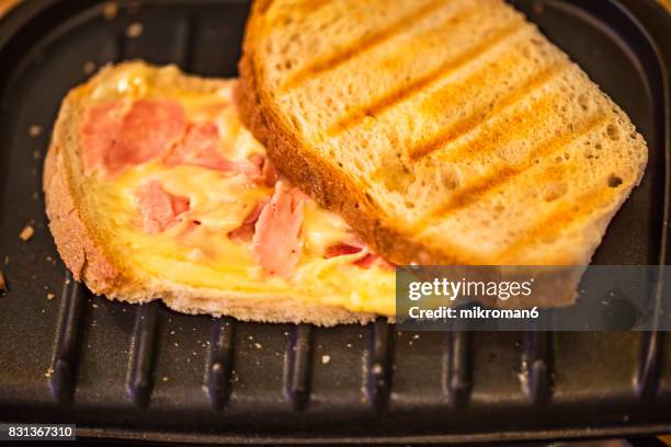 high angle view of ham and cheese toasted sandwich on breakfast - grillad sandwich bildbanksfoton och bilder