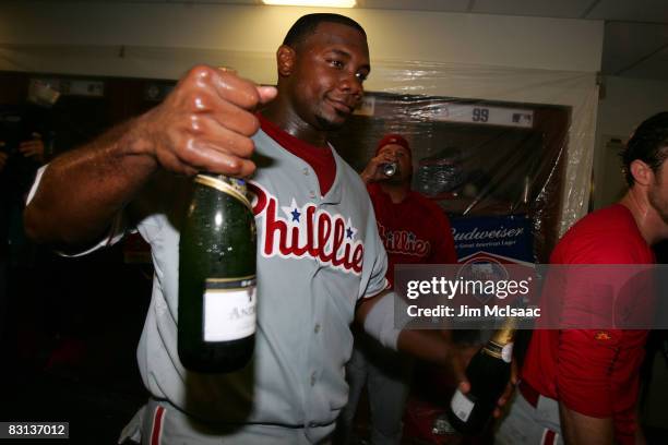 Ryan Howard of the Philadelphia Phillies celebrates in the locker room after defeating the Milwaukee Brewers in game four of the NLDS during the 2008...