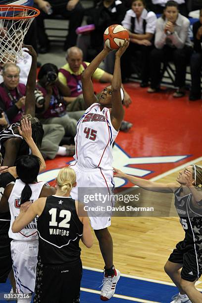 Kara Braxton of the Detroit Shock shoots against the San Antonio Silver Stars during Game Three of the WNBA Finals on October 5, 2008 at the Eastern...