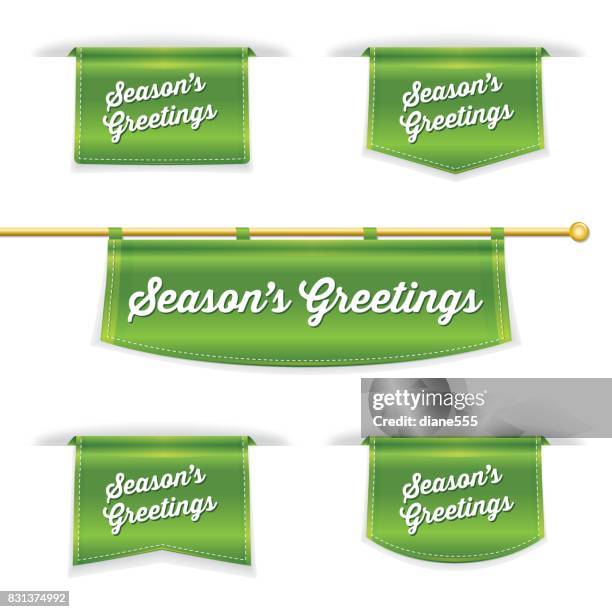 bildbanksillustrationer, clip art samt tecknat material och ikoner med glänsande 3d vikta band bokmärke med season's greetings text - retail stock illustrations