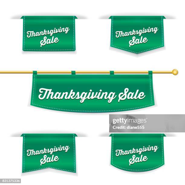 bildbanksillustrationer, clip art samt tecknat material och ikoner med glänsande 3d vikta band bokmärke med thanksgiving försäljning text - retail stock illustrations