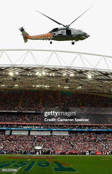 Black Hawk helicopter lands in the stadium to drop off the NRL Premiership trophy before the NRL Grand Final match between the Manly Warringah Sea...