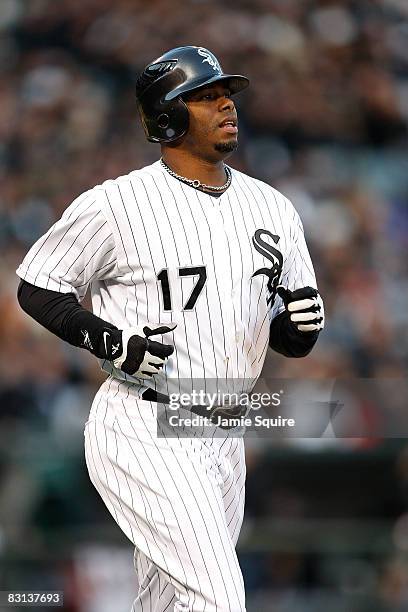 Ken Griffey Jr. #17 of the Chicago White Sox runs to first after he walked in the bottom of the sixth inning against the Tampa Bay Rays in Game Three...