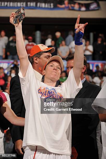 Katie Smith of the Detroit Shock celebrates after winning MVP in Game Three of the WNBA Finals against the San Antonio Silver Star on October 5, 2008...