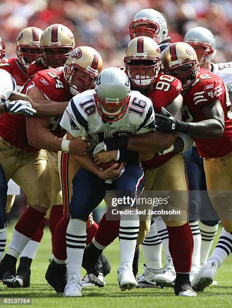 Matt Cassell of the New England Patriots is sacked against the San Francisco 49ers during an NFL game on October 5, 2008 at Candlestick Park in San...