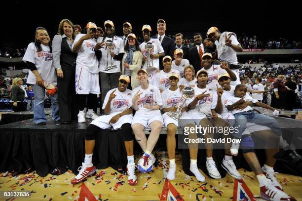 The Detroit Shock celebrates after winning Game Three of the WNBA Finals against the San Antonio Silver Star on October 5, 2008 at the Eastern...