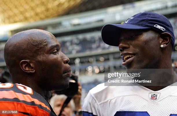 Wide receiver Chad Johnson of the Cincinnati Bengals talks with Terrell Owens of the Dallas Cowboys at Texas Stadium on October 5, 2008 in Irving,...