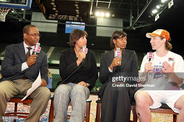 Katie Smith of the Detroit Shock speaks to Andre Aldridge, Cheryl Miller and Tina Thompson of NBATV after winning Game Three of the WNBA Finals...